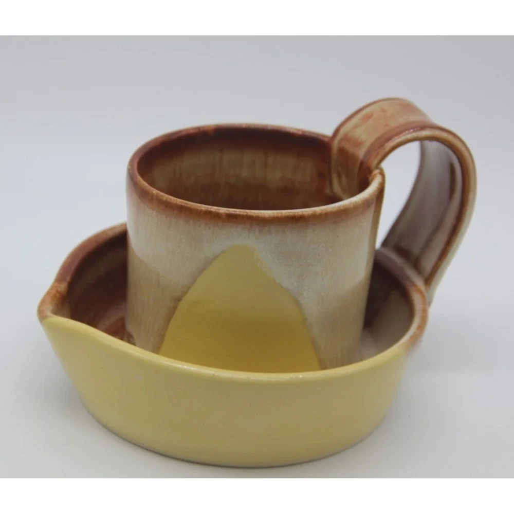 Handmade Pottery Microwave Bacon Cooker Yellow Brown Reactive Glaze Heavy Signed
